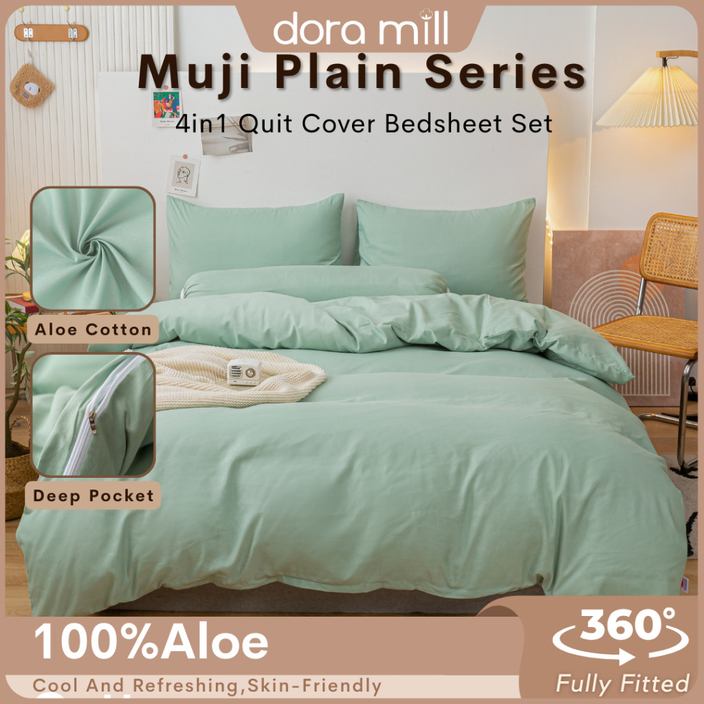 DORAMILL Muji Plain Series 4in1 Cadar Queen Sarung Berzip Comforter Plain Bedsheet Quilt Cover #BAP