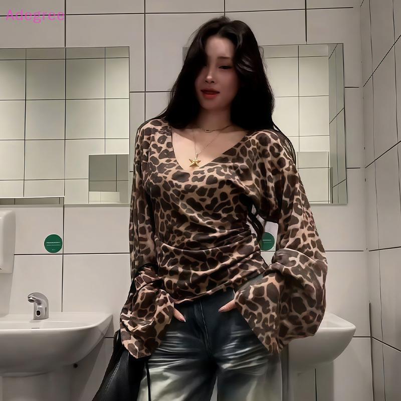 Adegree Retro Leopard Print Off-Shoulder Flared Long-Sleeved T-Shirt for Women