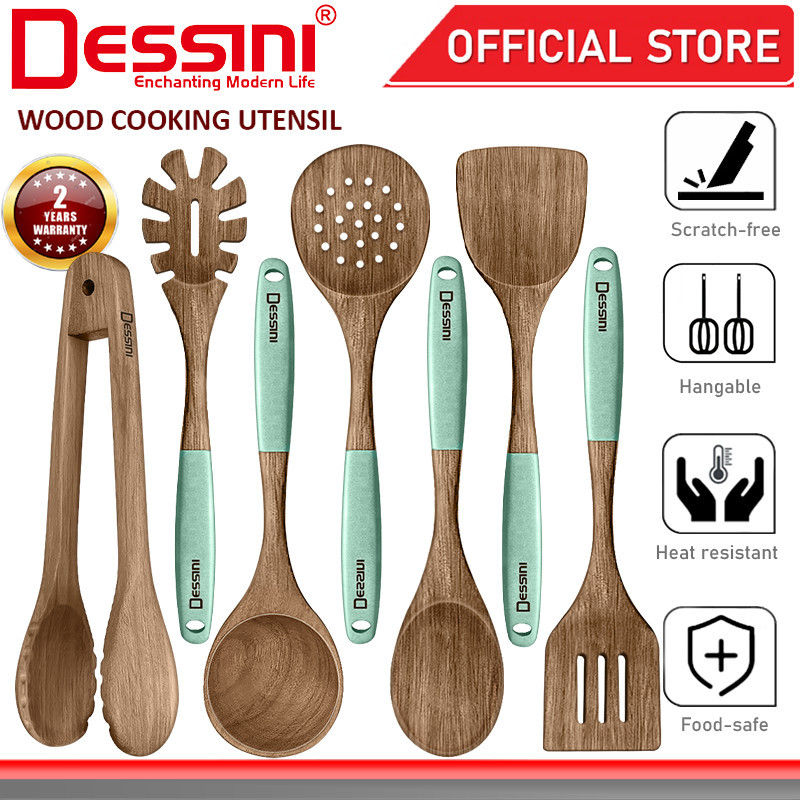 DESSINI ITALY Acacia Wood Utensil Slotted Turner Spoon Skimmer Spaghetti Server Ladle Spatula Tongs Kitchenware Senduk