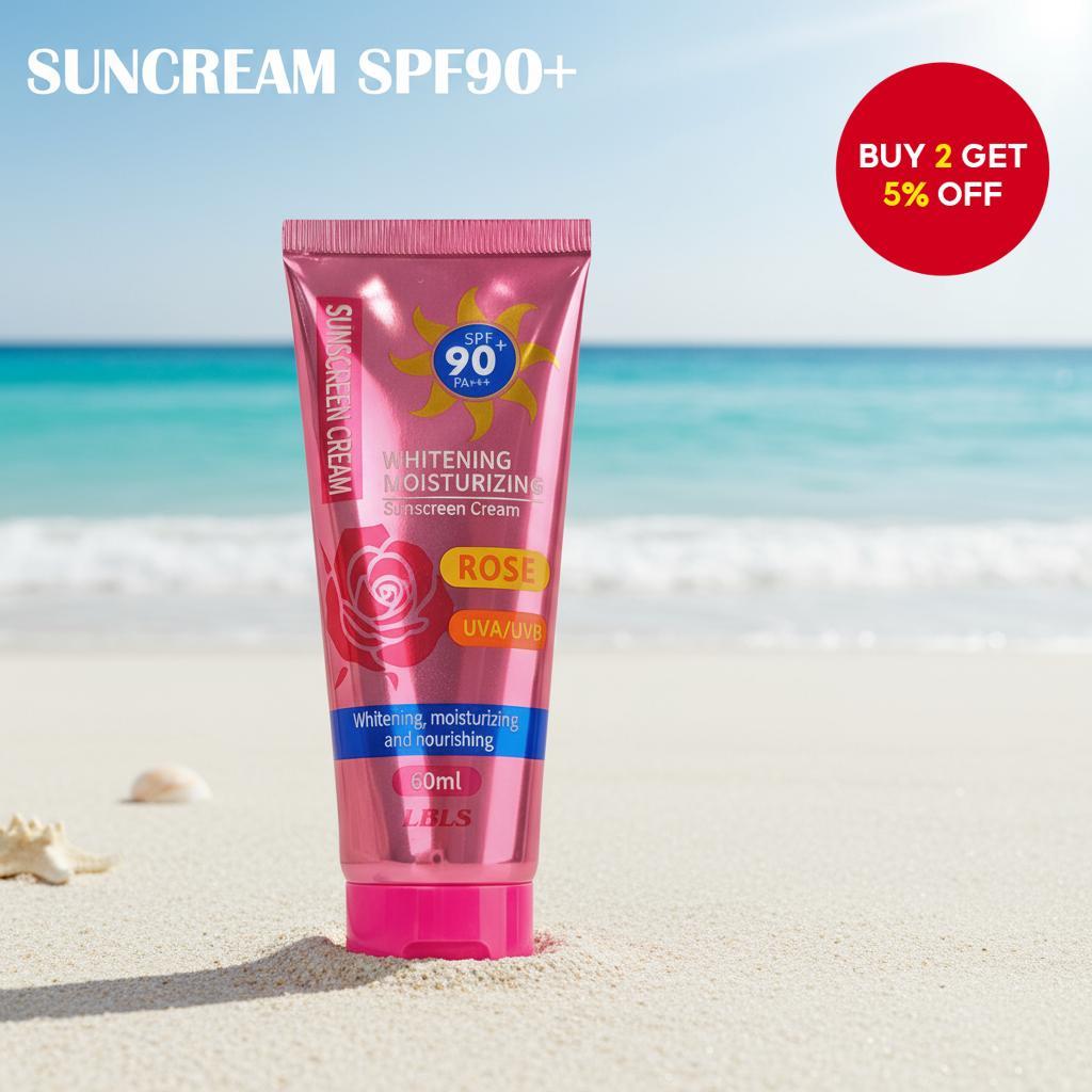  2/3/5pcs SPF90 Rose Scented Sunscreen Moisturizer, 60ml for Face and Body, Non-Greasy, Fast-Absorbing, All Light Beige Types, Ideal for Outdoor Activities  2/3/5pcs SPF90 Pelembap Pelindung Matahari 