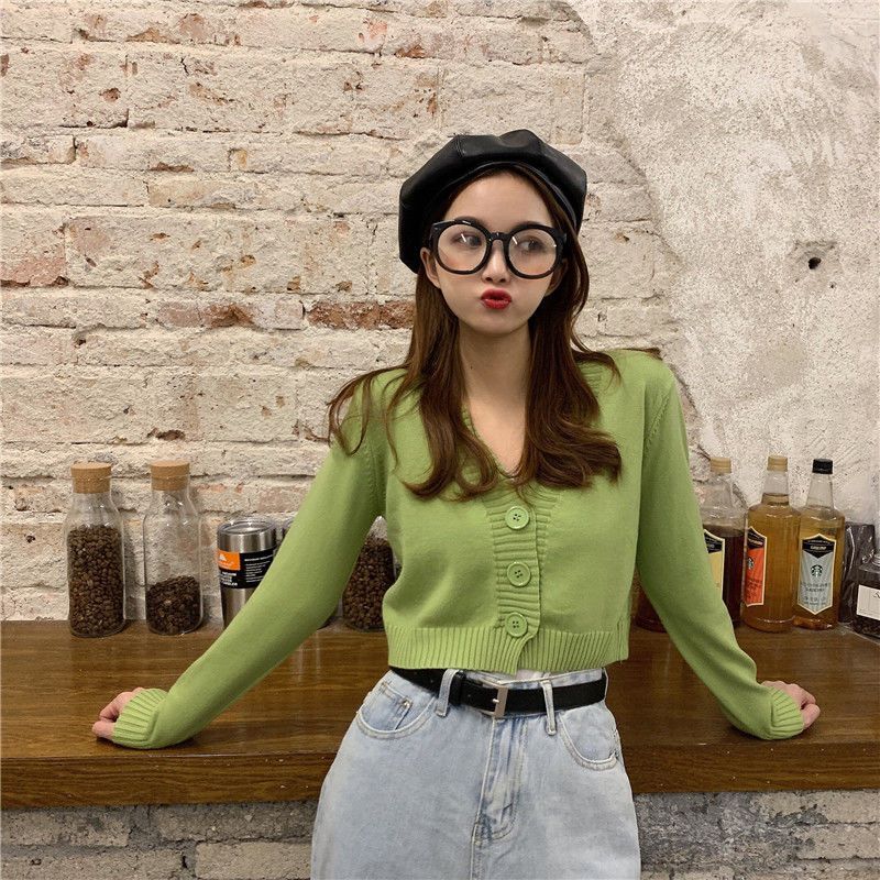 春秋韩版宽松V领针织衫长袖高腰短款上衣毛衣外套女开衫Spring and Autumn Korean-style Loose V-neck Sweater with Long Sleeve and High Waist20251128