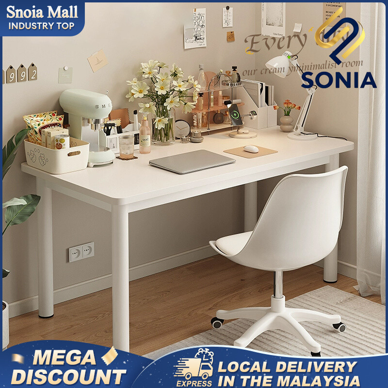 -Study Table Meja Belajar Big DesktopThickened Legs 200Kg Load Easy To Install Modern Clean White Design Office Desk