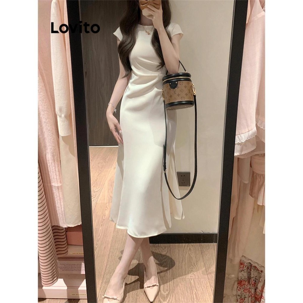 Lovito Elegant Dress Plain Pleated Dress for Women LNE72538
