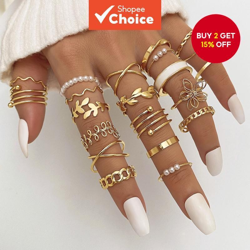 22 Piece Set Fashionable Imitation Pearl Flower Leaf Geometric Design Ladies Ring Set