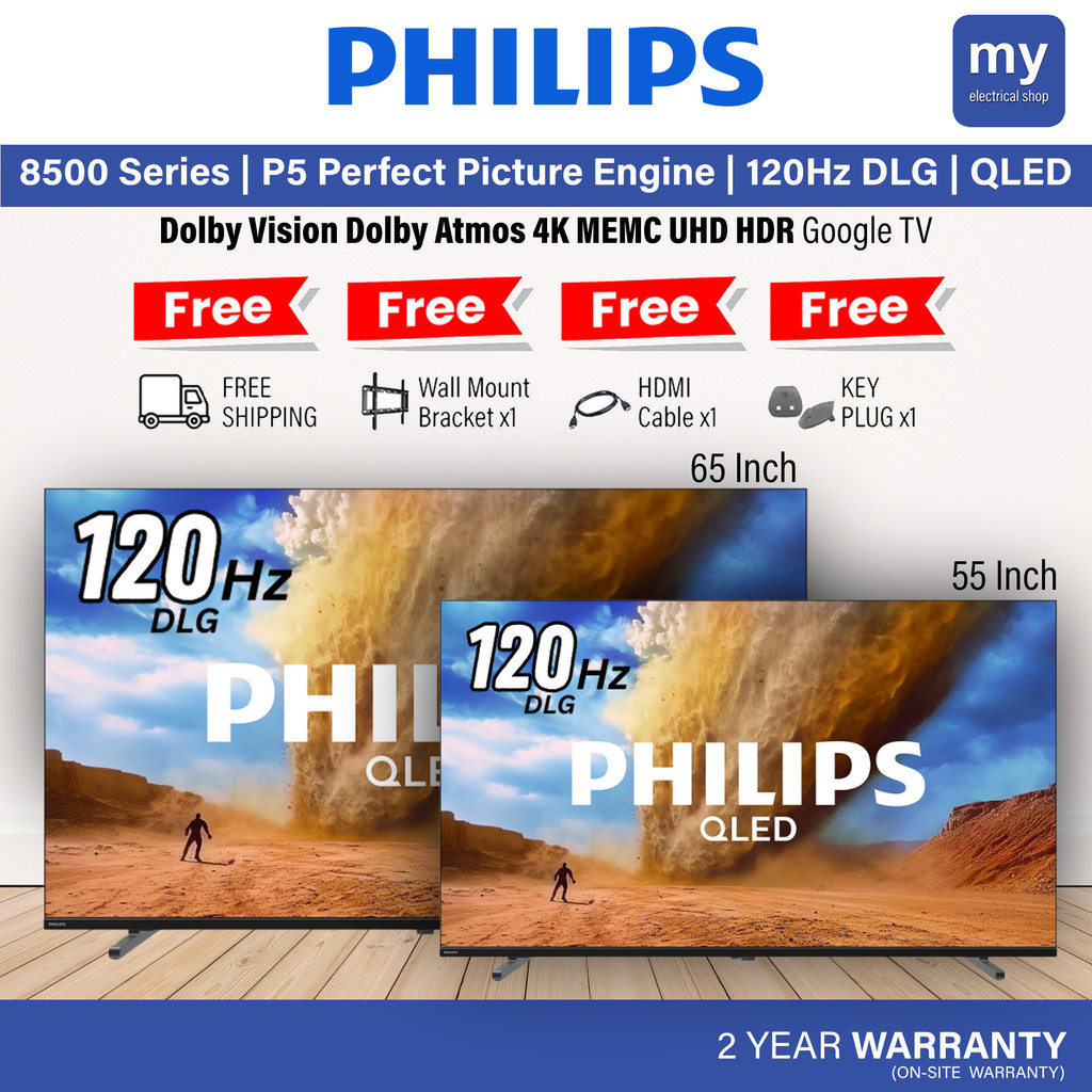 Philips 55 65 Inch 4K UHD HDR 120Hz DLG QLED Google TV 55PQT8530/68 65PQT8530/68 Dolby Vision Dolby Atmos