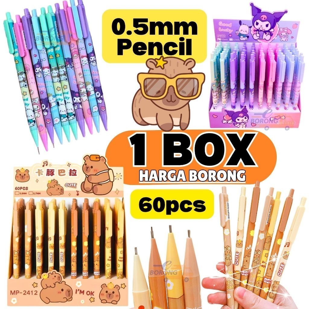 BORONG 【1 Box】0.5mm Mechanical Pencil Kids Stationery Capybara Kuromi Doorgift 0.5 Alat Tulis Murah Pensel Pensil Tekan