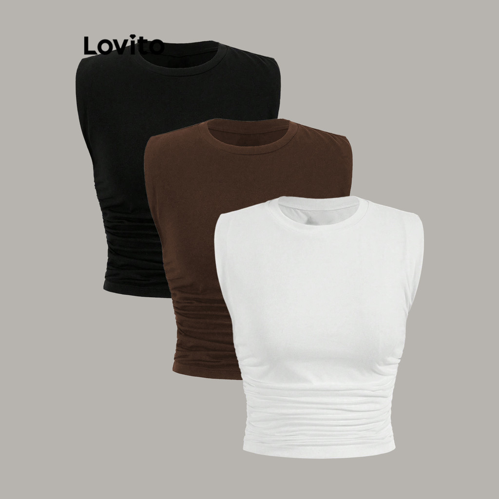 Lovito Casual Tank Top Plain Pleated Basic Summer Tank Top for Women L80ED367