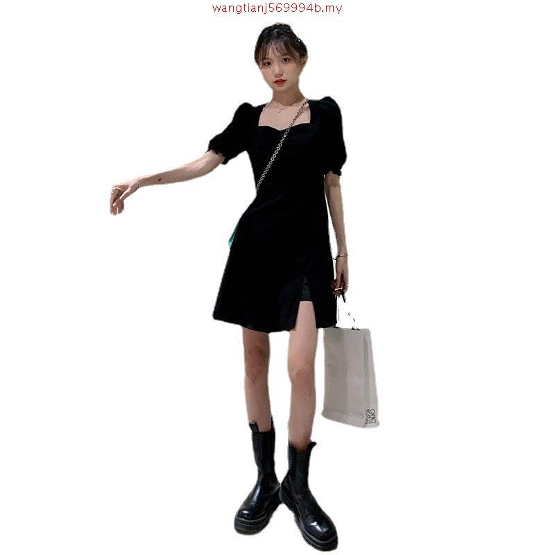 Hepburn Style V-neck Short Sleeve Dress Women Solid Color All-match Spilt Short/Long Dress