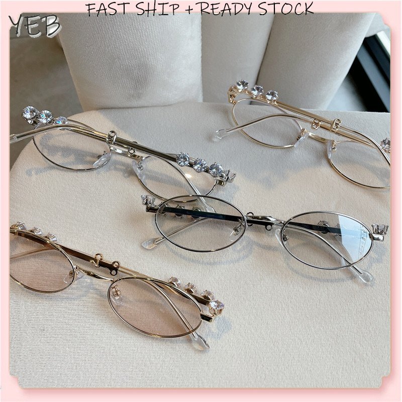 【 In Stock 】Fashion Unisex Rhinestone-studded Oval Glasses Small Metal-framed Blue Light Blocking Glasses Sunglasses Cermin Mata Uniseks眼镜墨镜