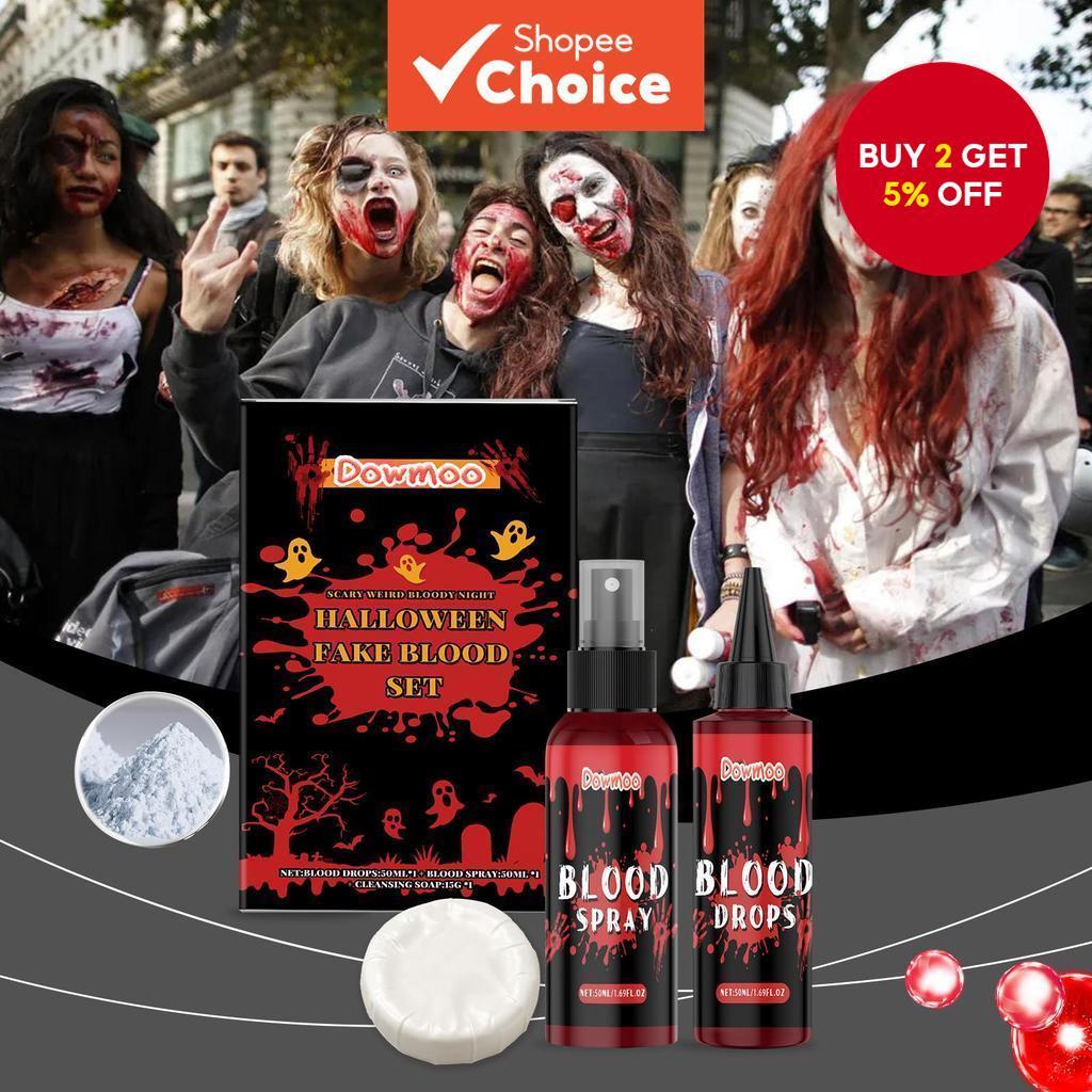Dowmoo Halloween Fake Blood 3-Piece Set - Washable Realistic Horror Special Effects Makeup Kit for Filming Set Darah Palsu Dowmoo Halloween 3-Piece – Kit Solekan Kesan Khas Keganasan yang Boleh Dibasuh dan Realistik untuk Penggambaran.