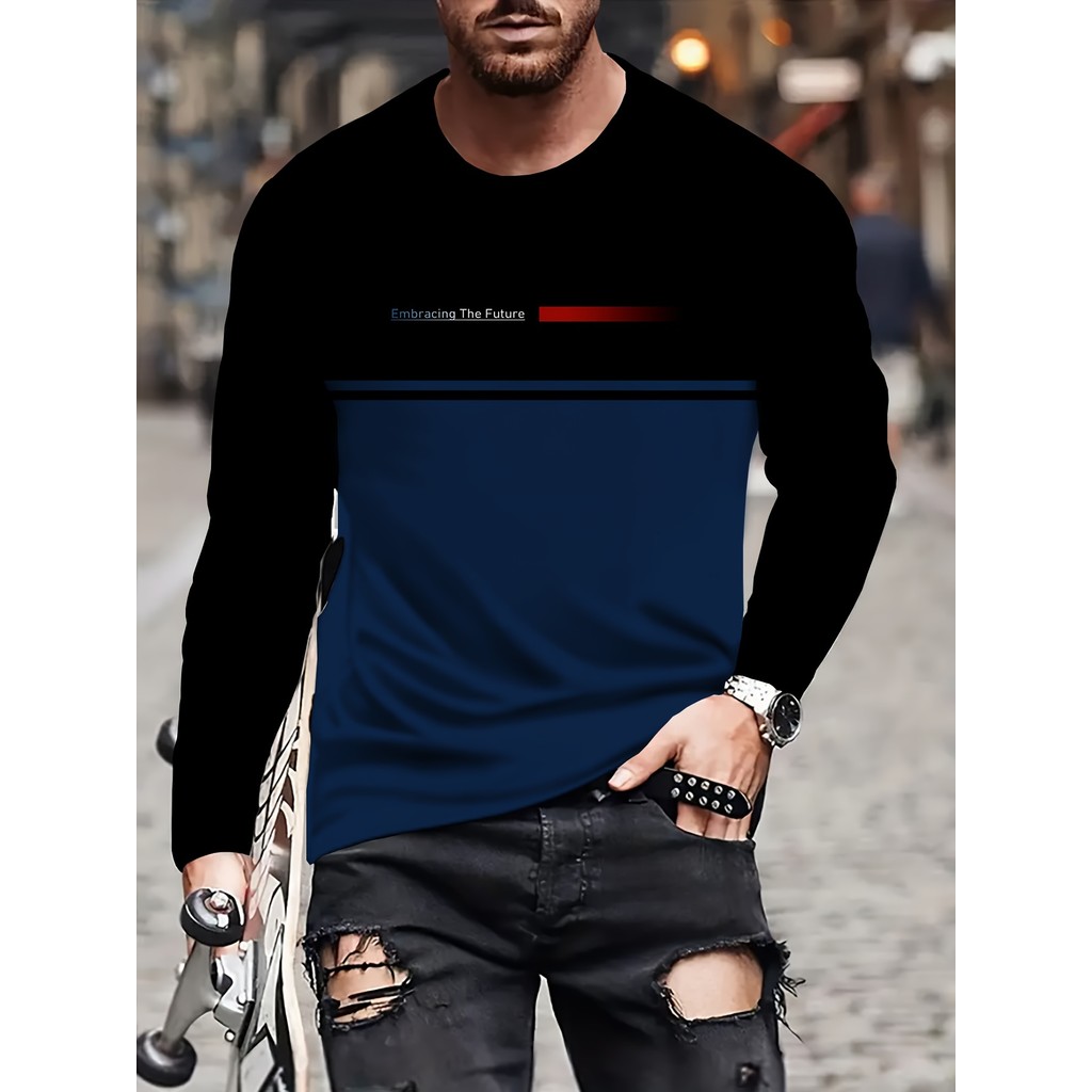 Men's Futuristic Digital Print Long Sleeve T-Shirt – "Embrace the Unknown" Design, Soft & Breathable Fabric, Stylish Black Casual Top for All Seasons, Urban Streetwear | Modern Cas