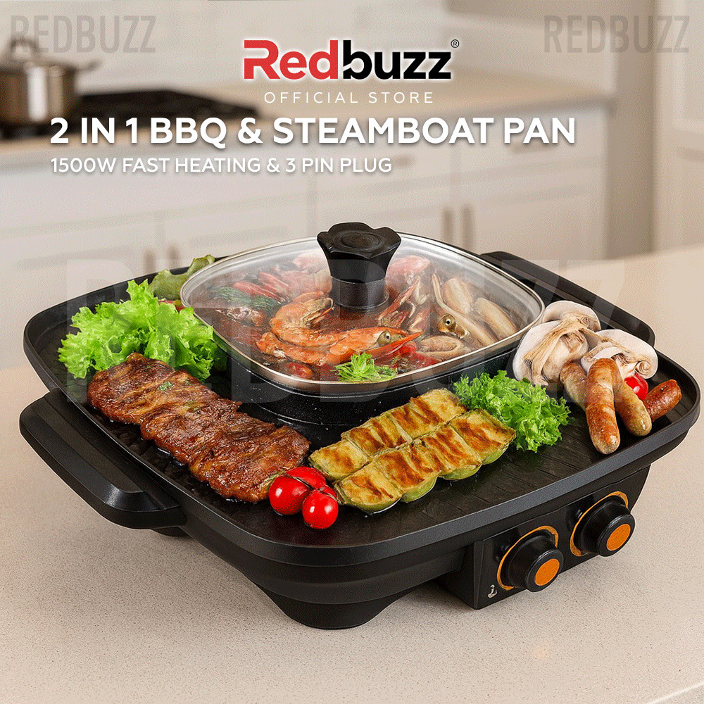 REDBUZZ 2in1 Square BBQ Grill &Steamboat Big Size Hot Pot Shabu Roast Fry Pan-Two Switch Control Electric BBQ Grill