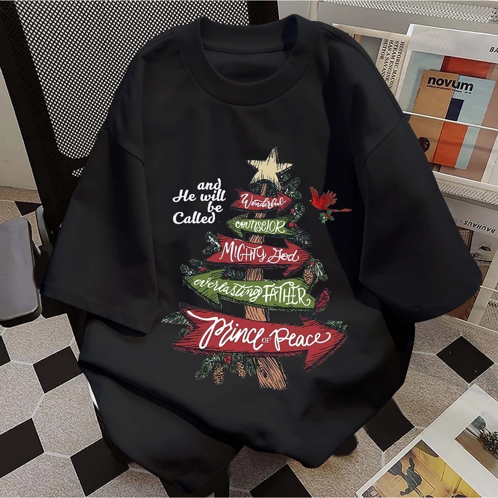 Maise Brand New Cotton Unisex Trend T-shirt Christmas Tree Printing Men and Women Baggy Neck Round Loose Tops LIVE