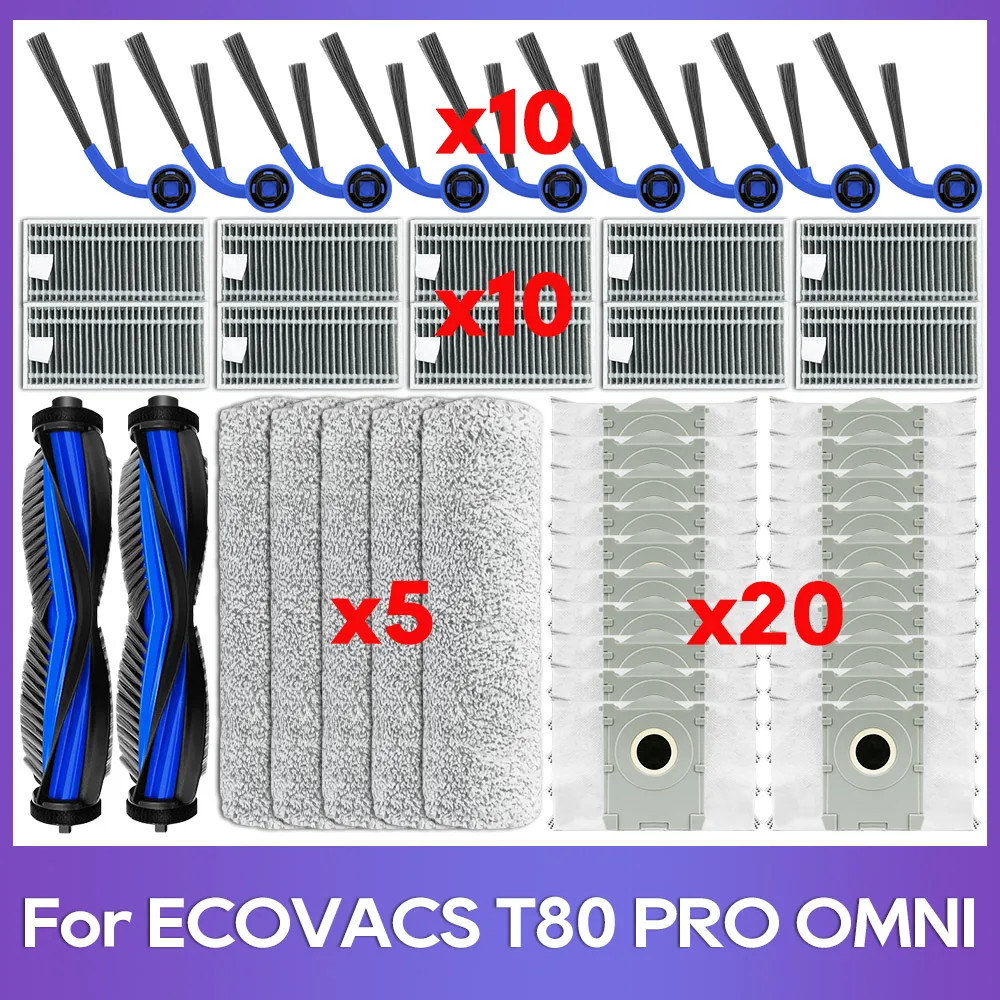 Compatible For ( ECOVACS DEEBOOT T80 PRO OMNI / T80 OMNI ) Accessories Roller Side Brush Hepa Filter Mop Dust Bags Replacement