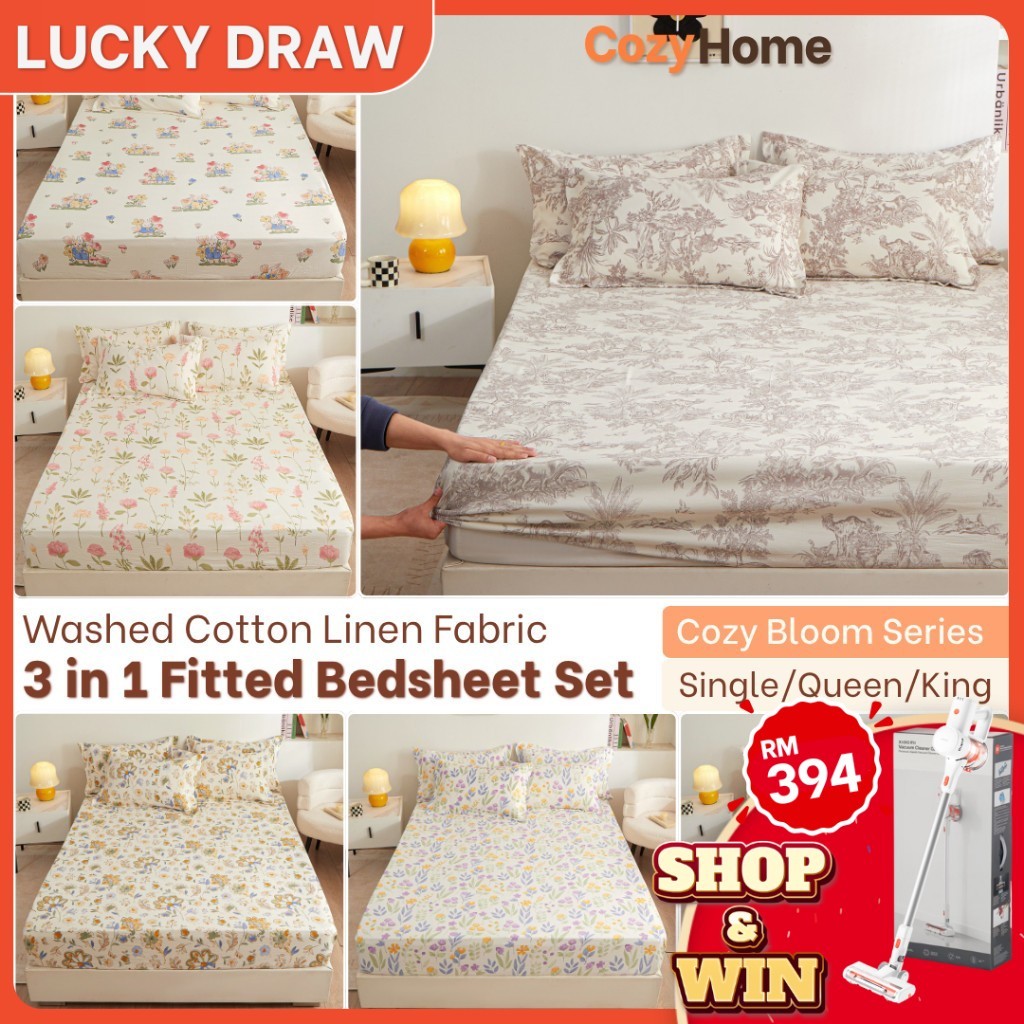 CozyHome 1200TC Washed Cotton Linen Bedsheet Queen Single King Pillow Case Cadar Keliling Murah BBU