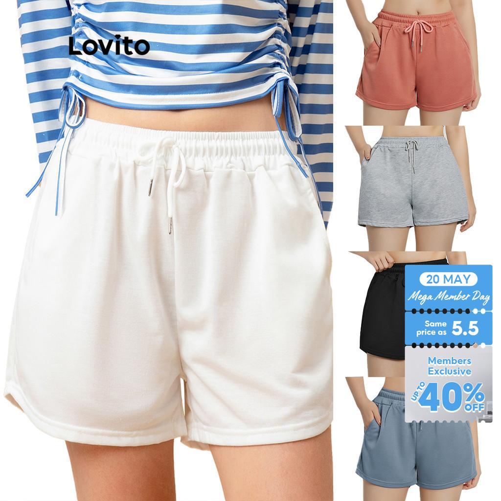 Lovito Casual Summer/Spring Shorts Solid Drawstring Shorts for Women L00242 (White/Black/Grey/Pink/Blue) Lovito Tarauheke Raumati/Koanga Poto Poto poto mo nga Wahine L00242 (Ma/Pango/Krei/Mawhero/Kinau)