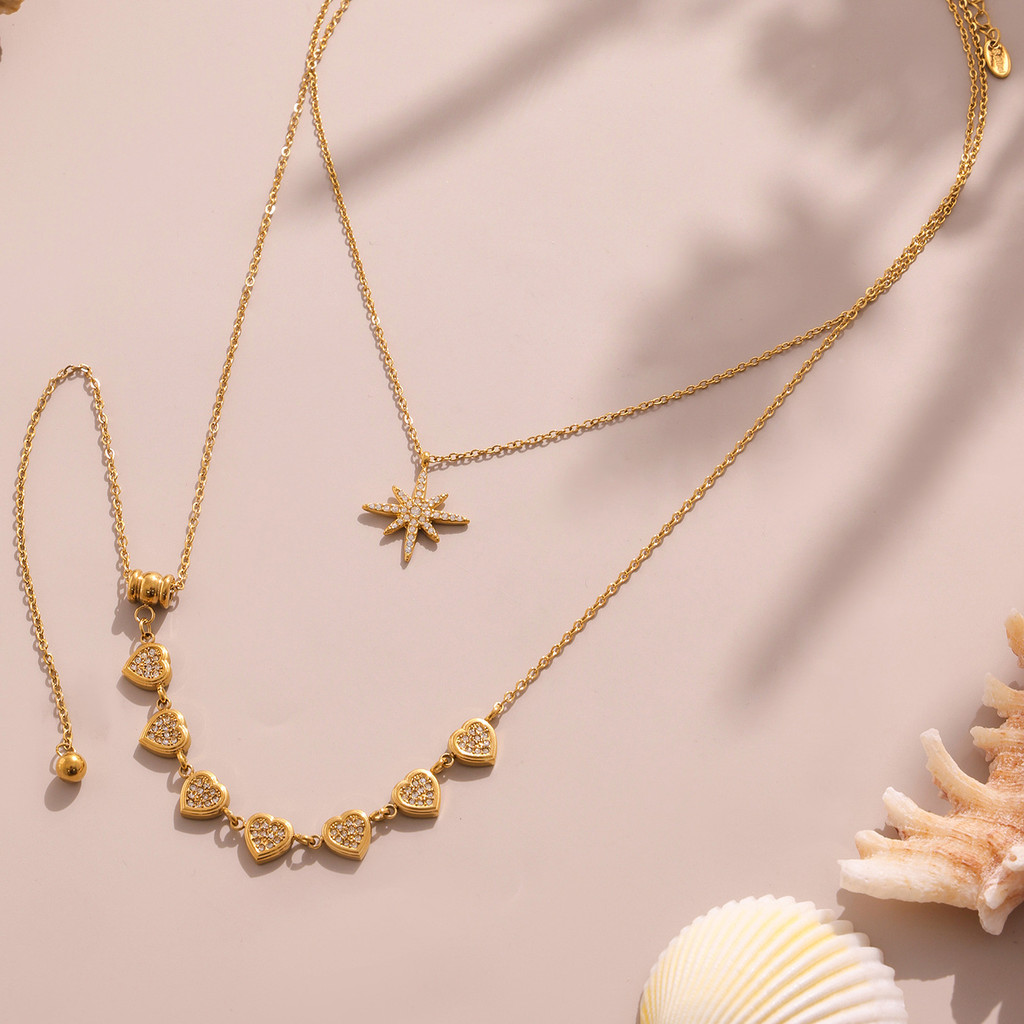 UTHM Flow Full Diamond Love Heart Zircon Pull Clavicle Necklace Style Fashion Eight-pointed Star Pendant All-match Jewelry