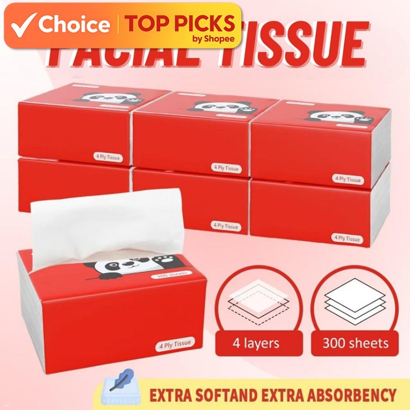 Red Panda Facial Tissue | 10 Pck x 300 Sheets Premium Tissue | 3000 Sheets, Extra Soft & Absorbent