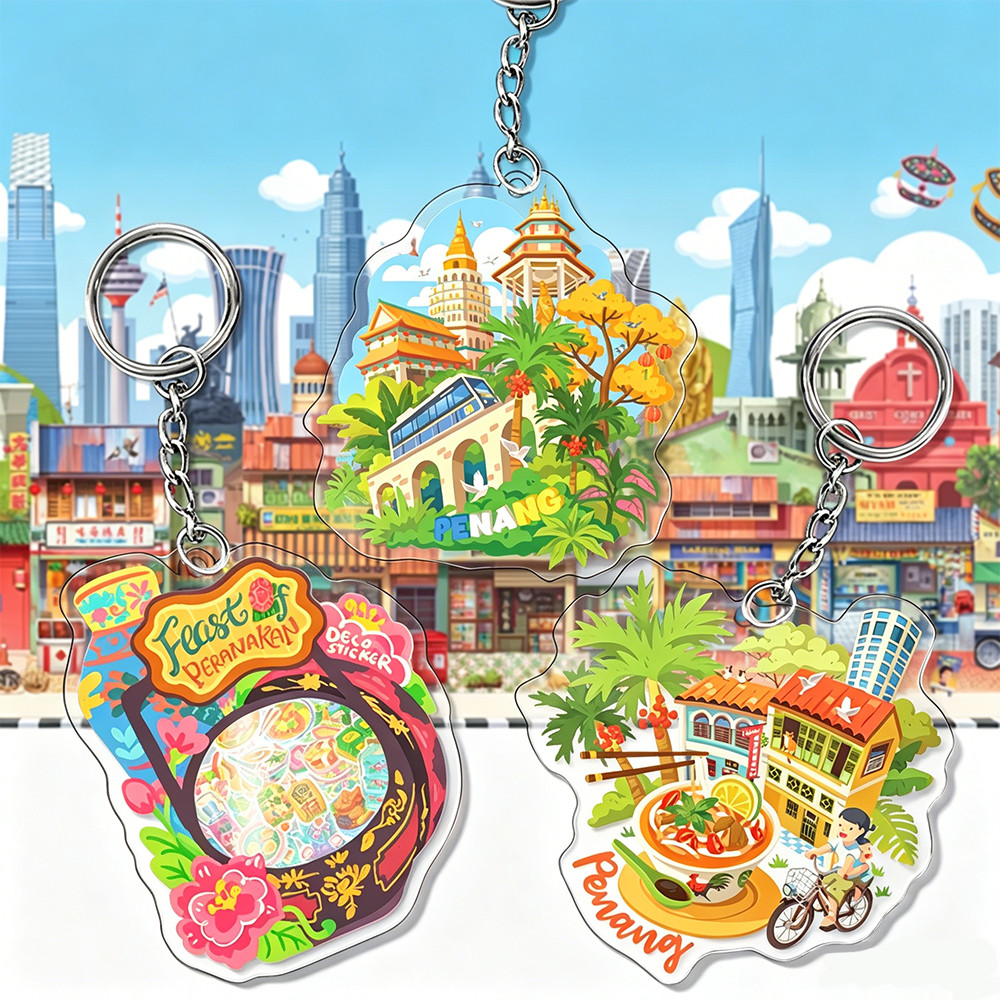 Malaysia Penang Commemorative Acrylic Keychain, Penang Cuisine Culture and Food Design Acrylic Keychain Malaysia Tourist Souvenir
