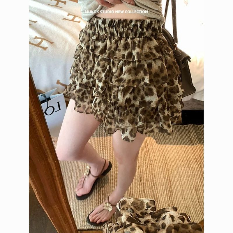 Thin Chiffon Leopard Print Fluffy Ruffle Skirt - Versatile Fashion Statement