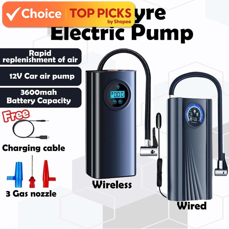 12V Portable Car Tyre Electric Pump –Wired (CIG) / Wireless (USB) Air Compressor Inflator for Cars & Motorcycles Pam Tay