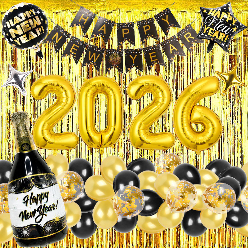 2026 New Year Black Gold Letter Number Balloon Set New Year Pull Flag 2026 New Year Balloon Party Set