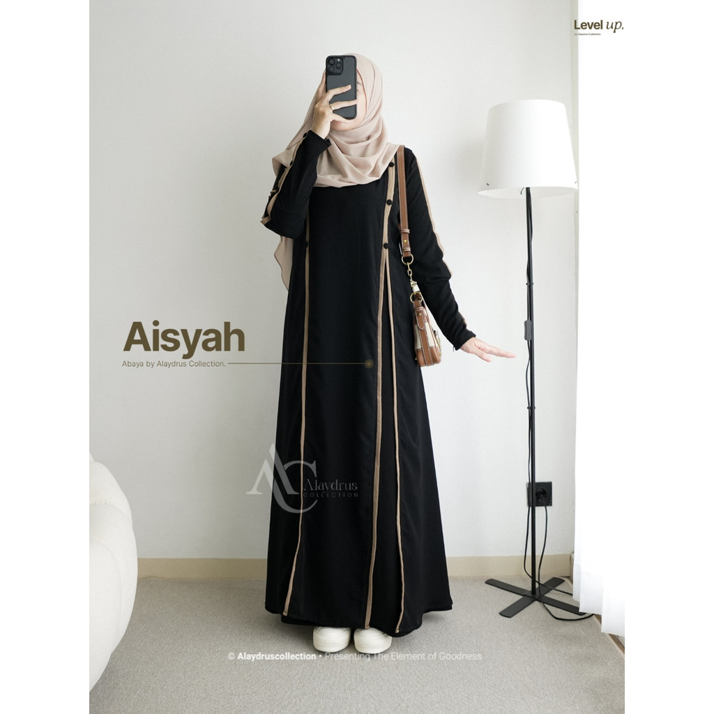 Alaydrus Collection Black Abaya Turkey Aisyah Gamis Syari Muslimah Jetblack Black Chiffon Combination