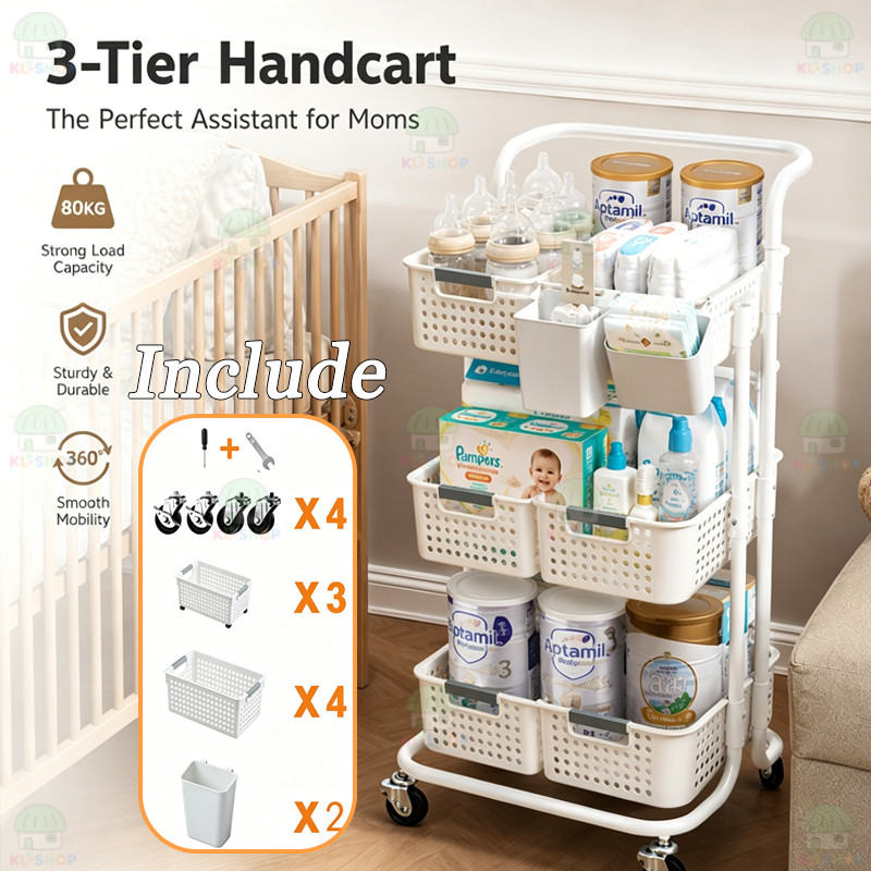 2026 Metal Trolley Full Set 4Tier/3Tier with 10PCS Basket Kitchen Rack Cart Baby Storage Rack Trolley Storage Shelf 置物架
