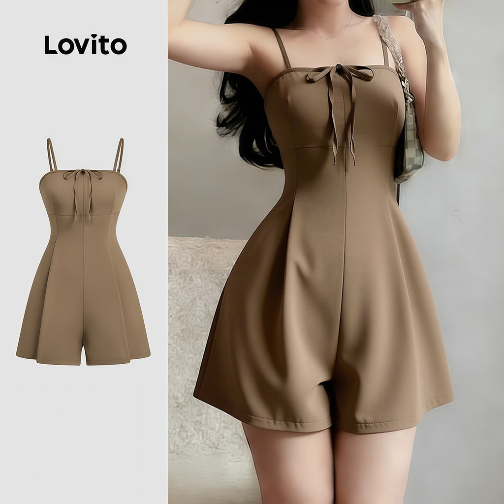 Lovito Elegant Jumpsuit Bow Spring/summer Brown Jumpsuit for Women L178ED471 Lovito Jumpsuit Elegan Reben Musim Bunga/musim Panas Coklat untuk Wanita L178ED471