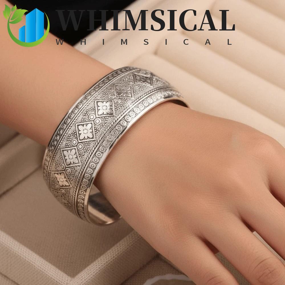 WHIMSICAL Carved Wide Bracelet, Elephant Vintage Silver Opening Bangle, Handicraft Lotus Geometric Pattern Golden Thai Wrist Jewelry for Gifts