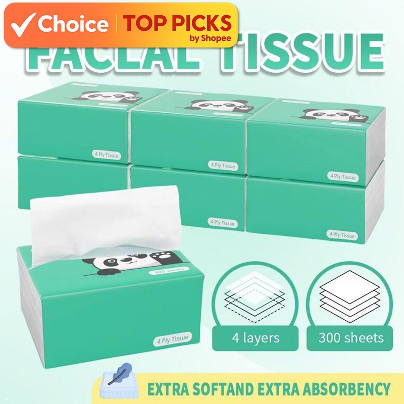 Green Panda Premium Bamboo Facial Tissue | 10 Packs, 4 Ply, 300 Sheets/Pack - Extra Soft & Absorbent