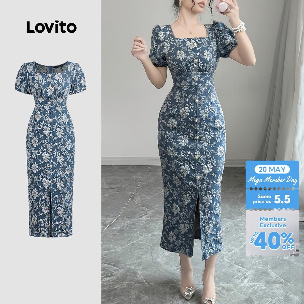 Lovito Casual Dress French Lazy Style Pearls Spring/summer Blue Dress for Women Plus Size Friendly L150AD1621 Lovito Gaun Kasual Gaya Lazy Perancis Gaun Biru Mutiara Musim Bunga/musim Panas Untuk Wanita Mesra Saiz Besar L150AD1621