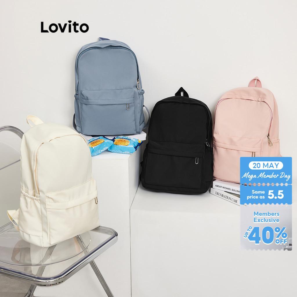 Lovito Preppy Backpack Plain Colorblock Double Shoulder Strap Multi-pocketed Backpacks for Women L41BA05 (White/Pink/Blue/Black)