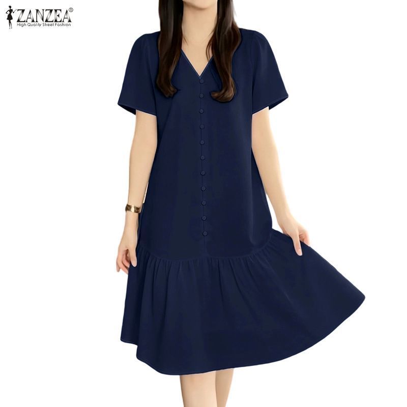 ZANZEA Women's Elegant V-Neck Short Sleeve Button-Up Dress with Ruffled Hem