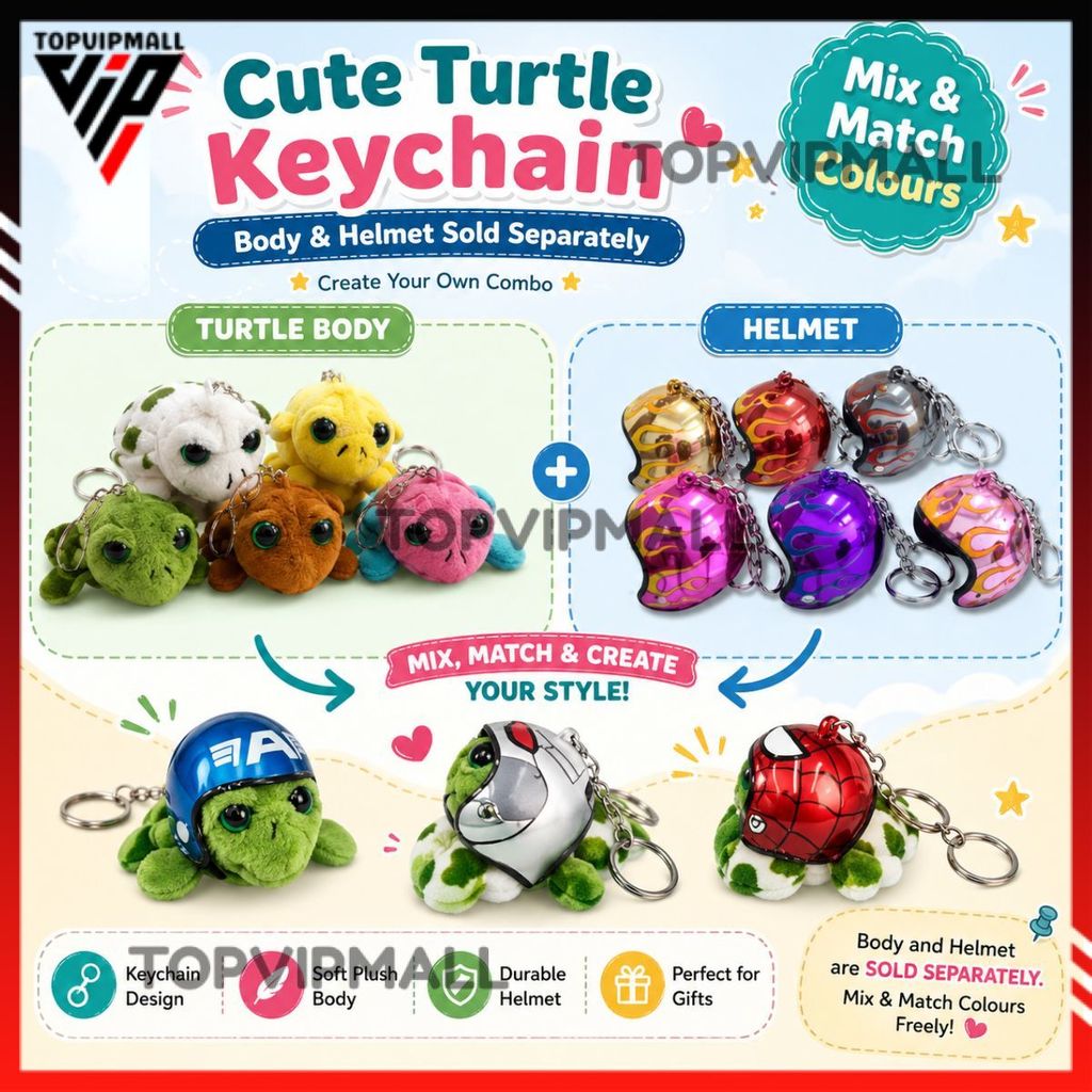 Mix & Match Turtle Plush Toy | Mini Helmet Keychain | Kawaii Sea Turtle Soft Toy | 6 Colours