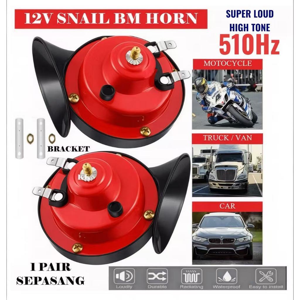 12V BM Horn Snail Horn 120dB 510Hz High Tone Horn Car Motorcycle Horn Siput Kereta Motor