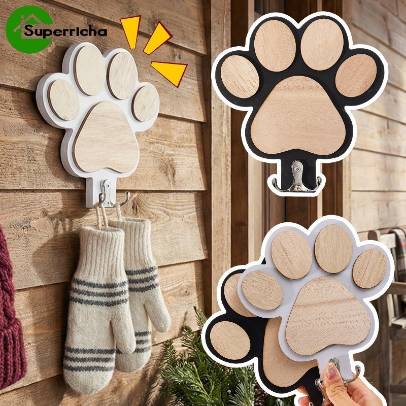 [H&L]1/2/3/4/5PCS - Wood Pet Paw Print Hook | Alloy Wall Hanger for Bedroom Kitchen, Black White Storage, Eco-Friendly Organizer for Keys Leashes Towels