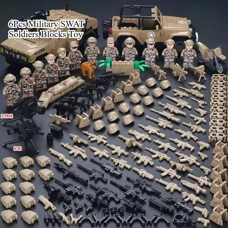 6 special forces soldier action figure models to boost hands-on concentration, complete with a full set of weapons and gear—DIY military building block toy set for kids and teens.