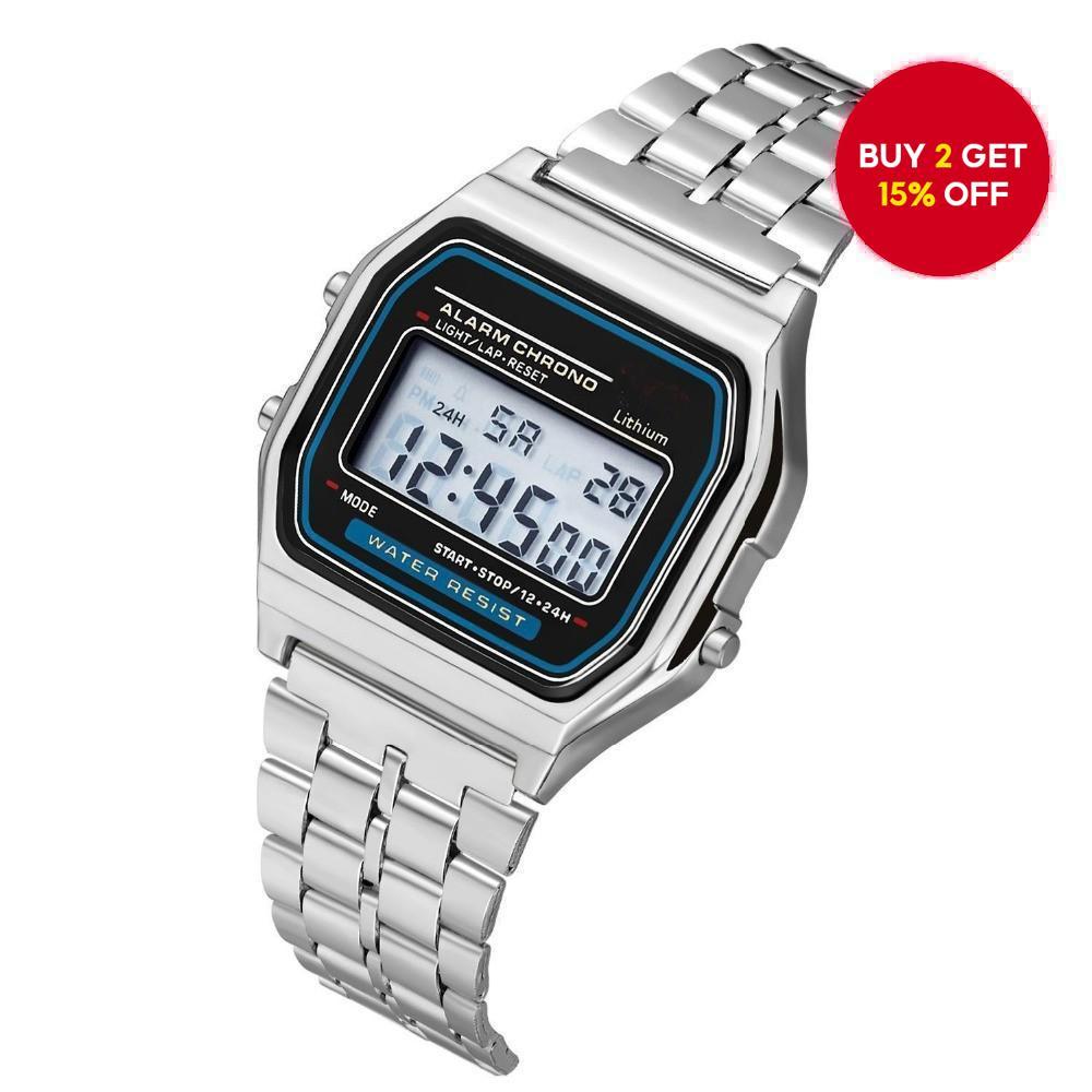 Vintage LED Digital Watch for Unisex Silver Color Case with Black Numbers Retro Style Not Waterproof