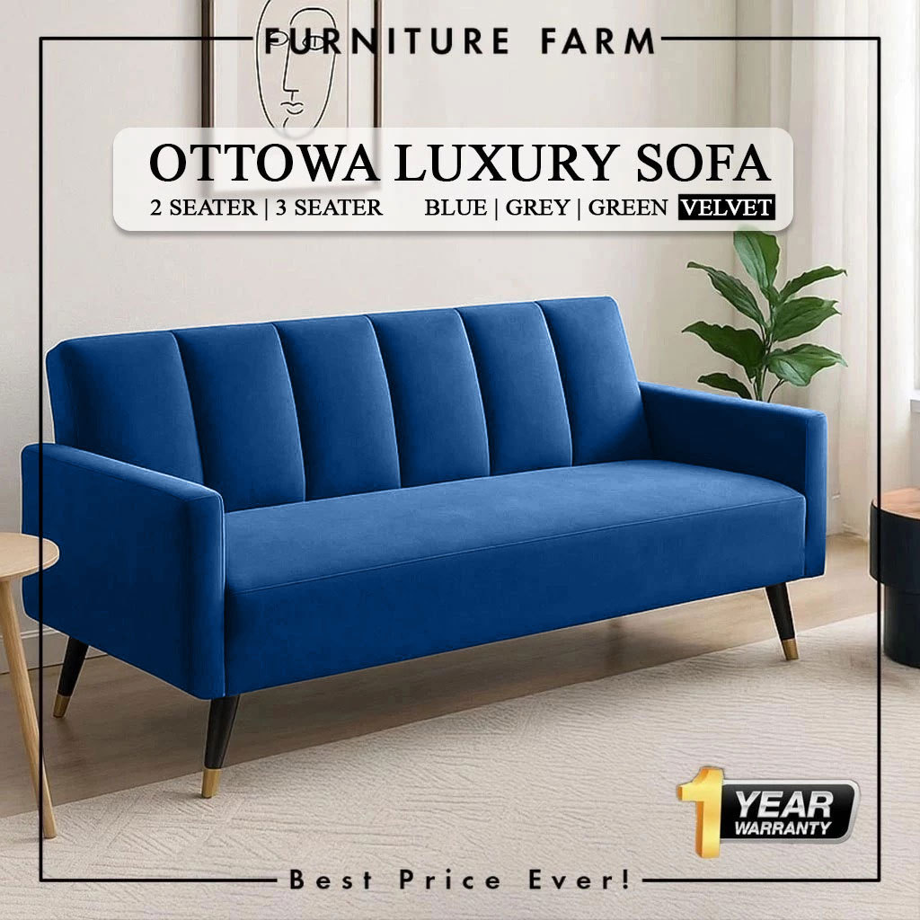 F&F : Ottawa Luxury Sofa Royal Velvet Fabric / 2 Seater Sofa / 3 Seater / Set Sofa Ruang Tamu Murah / Bench Chair