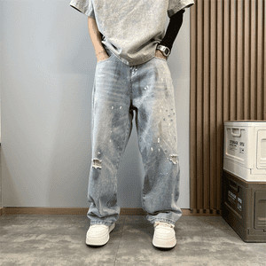 Spring Summer Light Blue Jeans Boys' Ruffian Handsome Trendy Harem Pants Washed All-Match Loose Casual Carrot Pants Men