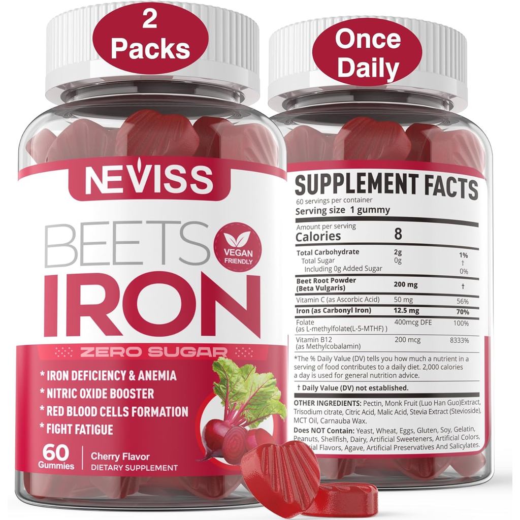 Beet Root Gummies with Iron, Methyl B12, Folate, Vitamin C - Increase Nitric Oxide & Ir…