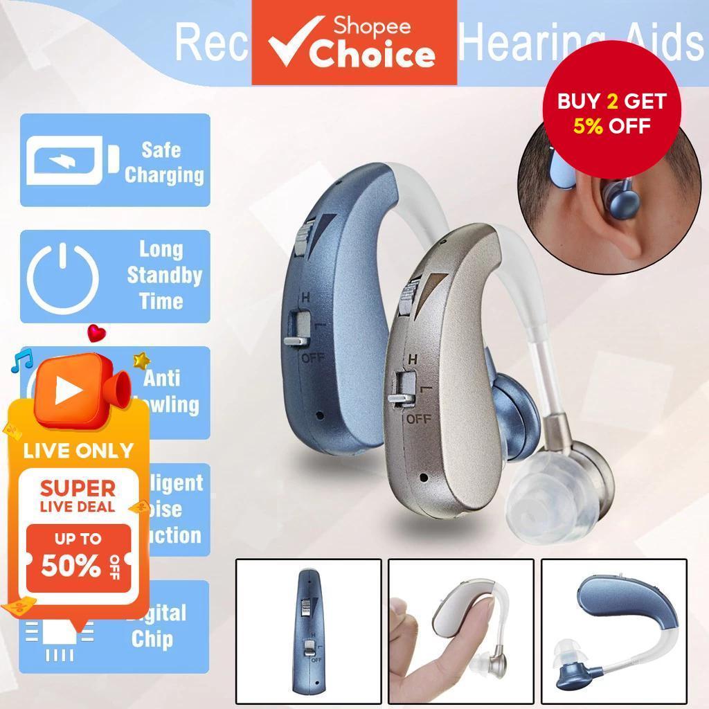 Hearing Aid Auxiliary Headphones Rechargeable Crystal Clarity Sound Amplifier Noise Cancelling Gift For Seniors Hanging Ear Style Blue Golden Premium Finish Universal Fit