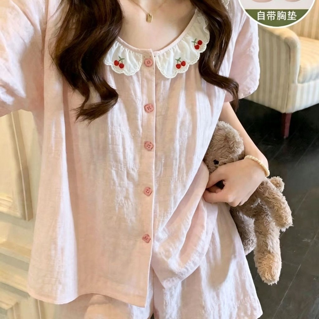 Lace Sweet Polka Dot with Chest Pad Pajamas Women Summer Short-Sleeved 2026 New Style Summer Homewear Set 5.16