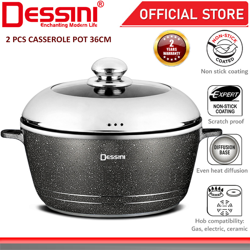 DESSINI ITALY Granite Die Cast Aluminium Non Stick Casserole Pot Bowl Deep Fry Pan Cookware Tool (36cm)