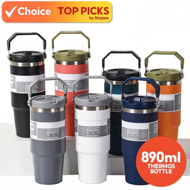 304 Stainless Steel Thermos Bottle–Insulated Vacuum Tumbler for Hot & Cold Drinks 890ml 保温水壶Thermo Cup w Straw & Handle