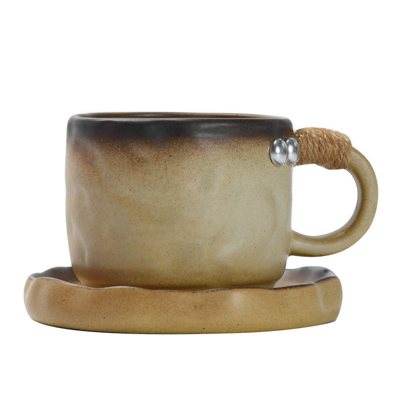 Handmade Kiln-Change Ceramic Coffee Cup & Saucer Set, Rustic Rough Pottery Mug 300ml, Artisanal Stoneware Tea Cup, Unique Earthy Tone Coffee Mug, Traditional Dehua Pottery Drinking Cup with Wrapped Handle Set Cawan & Piring Kopi Seramik Tukar Api Tangan