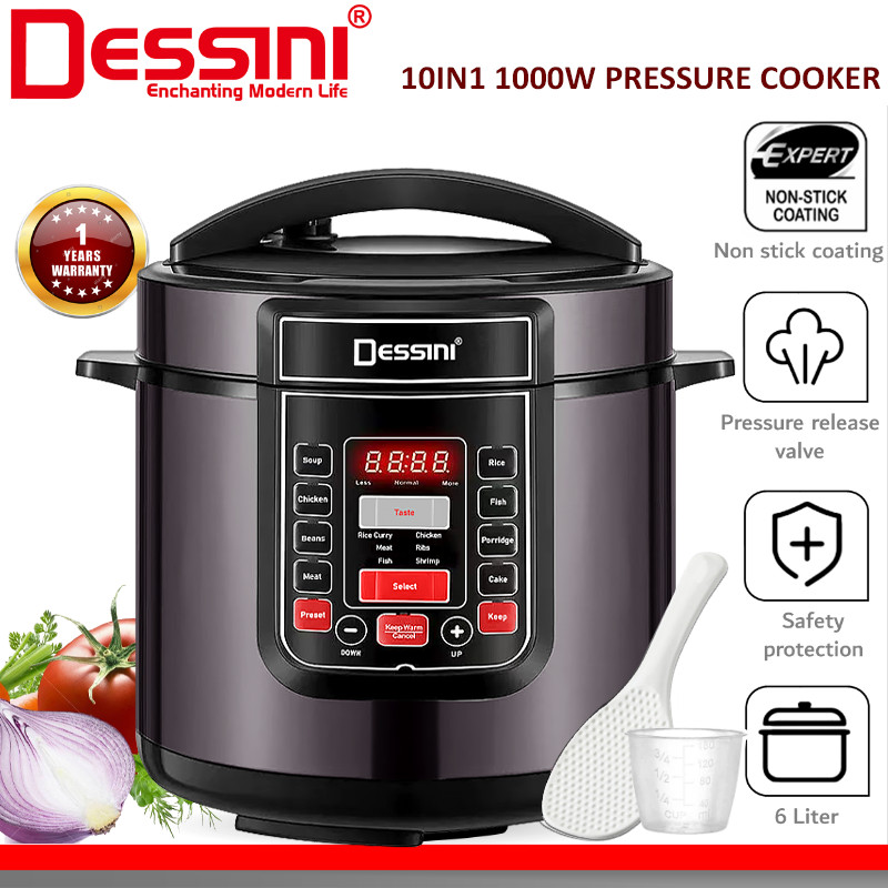 DESSINI ITALY 10IN1 6L Electric Digital Pressure Cooker Non-stick Stainless Steel Inner Pot Rice Cooker Steamer