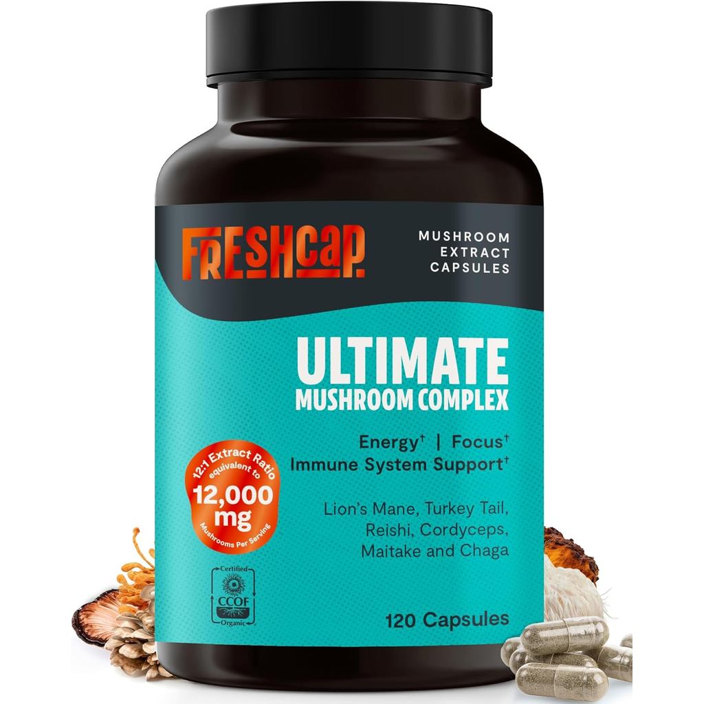 FreshCap Mushrooms Premium Organic Ultimate Mushroom Supplement - Ekstrak Tumbuhan 12:1 dengan 29% Beta-Glucans - Nootropik yang Diuji oleh Pihak Ketiga untuk Tenaga, Fokus & Sokongan Imun