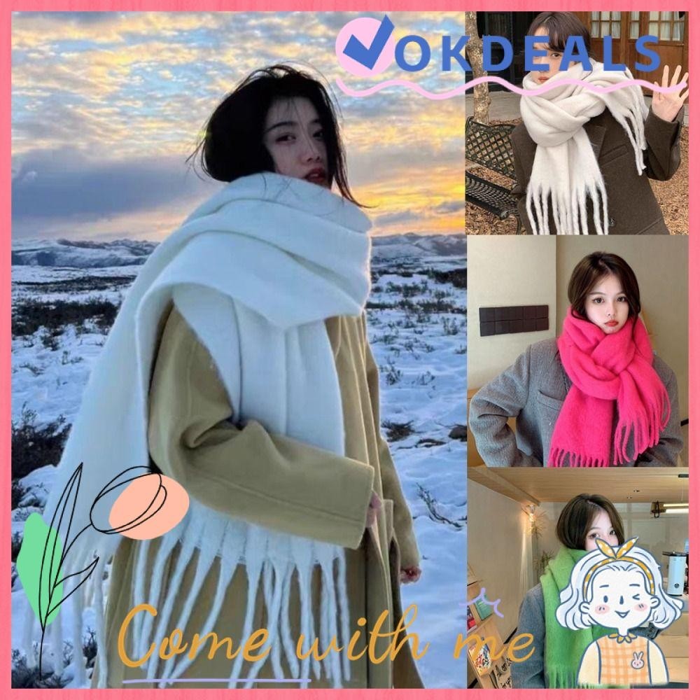 OKDSHOP Long Tassel Scarves, Warm Mohair Winter Cashmere Scarf, Fashion Thickened Soft Solid Color Shawl Wrap Women